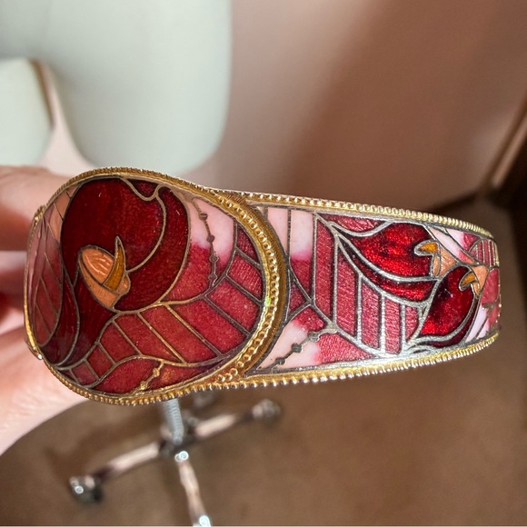 Vintage 70’s 80’s art deco burgundy Red calla Lily Enamel Clamper bracelet - Picture 3 of 17